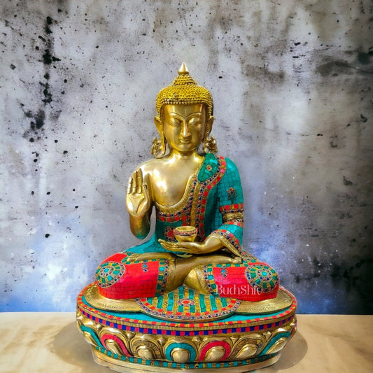 Brass Buddha Statue - 23 inches with Stonework | Serene and Spiritual Decor