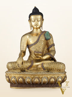 Brass Buddha Statue Bhumisparsha Mudra | 22" Tall | Nepalese inlay
