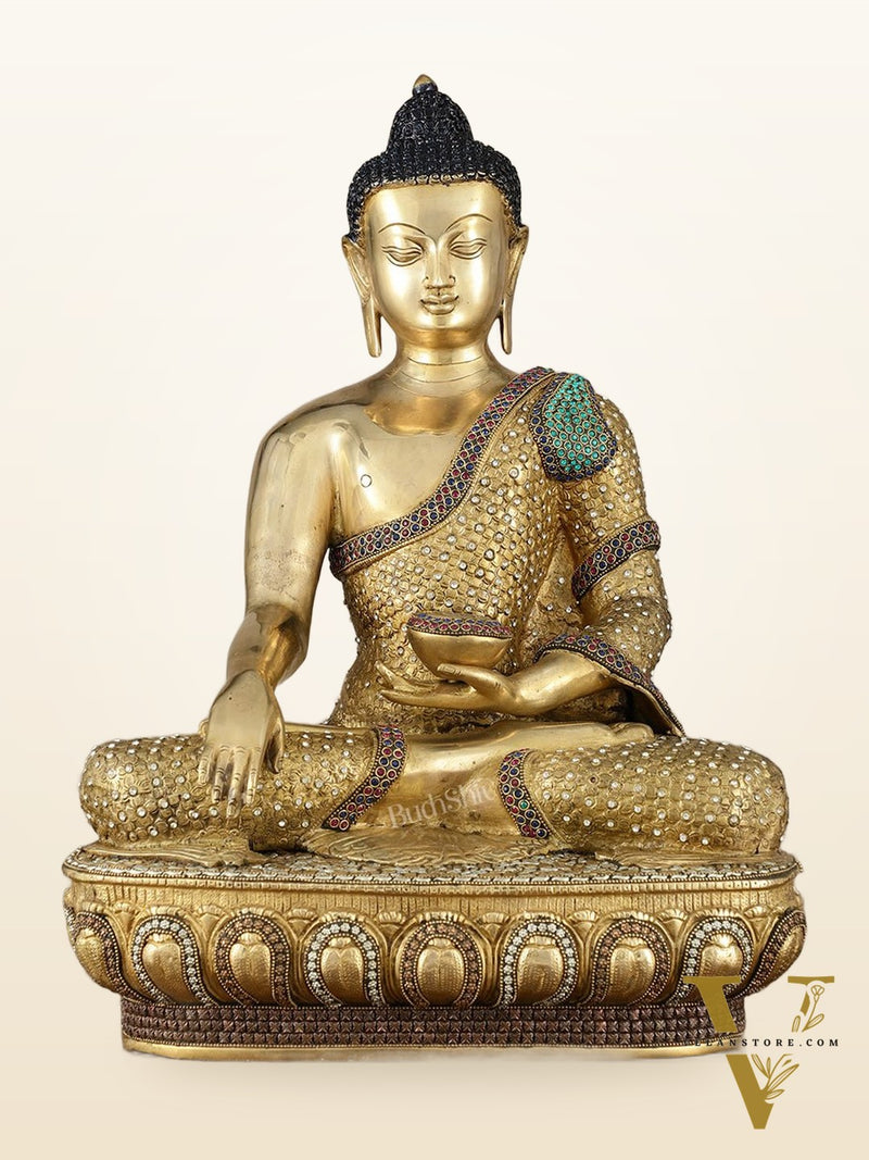Brass Buddha Statue Bhumisparsha Mudra | 22" Tall | Nepalese inlay
