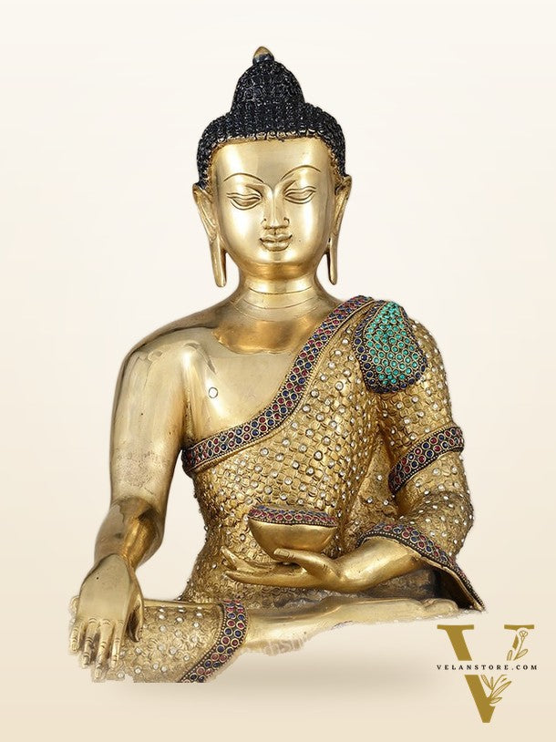 Brass Buddha Statue Bhumisparsha Mudra | 22" Tall | Nepalese inlay
