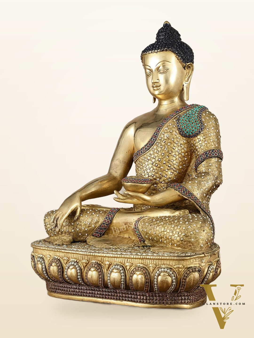 Brass Buddha Statue Bhumisparsha Mudra | 22" Tall | Nepalese inlay