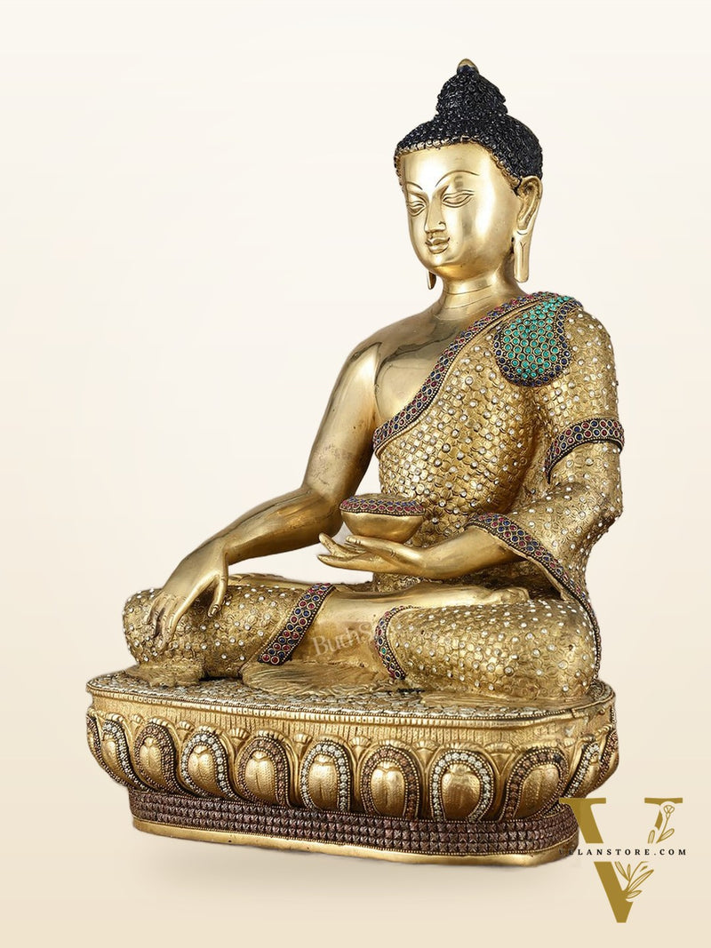 Brass Buddha Statue Bhumisparsha Mudra | 22" Tall | Nepalese inlay