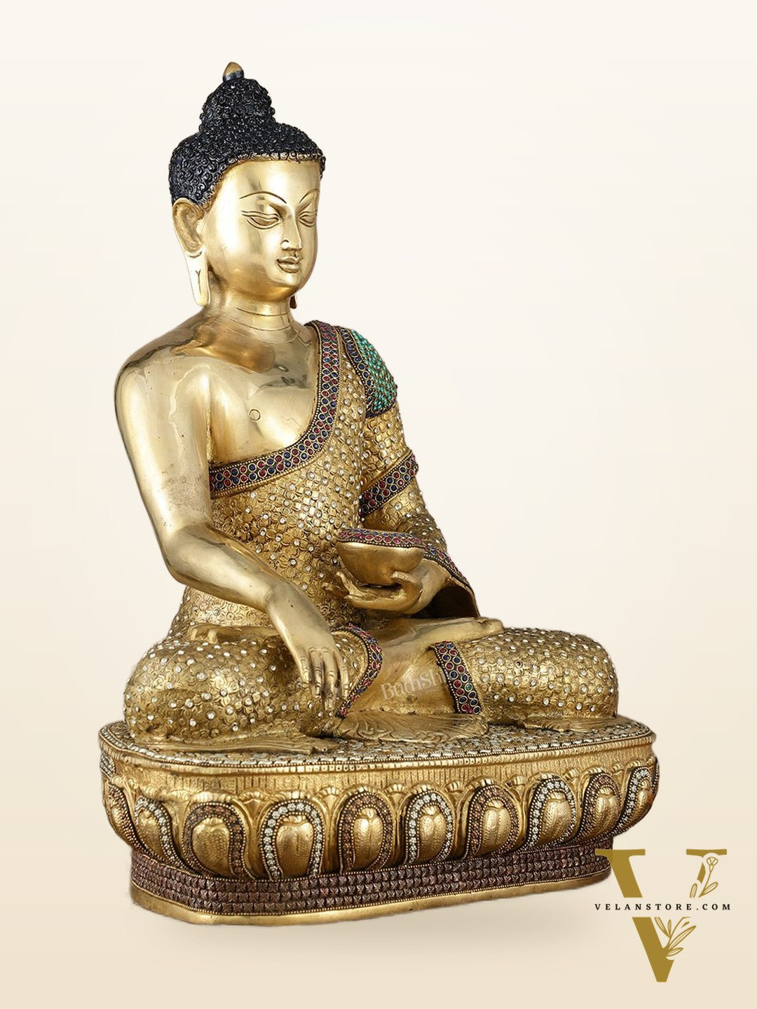 Brass Buddha Statue Bhumisparsha Mudra | 22" Tall | Nepalese inlay