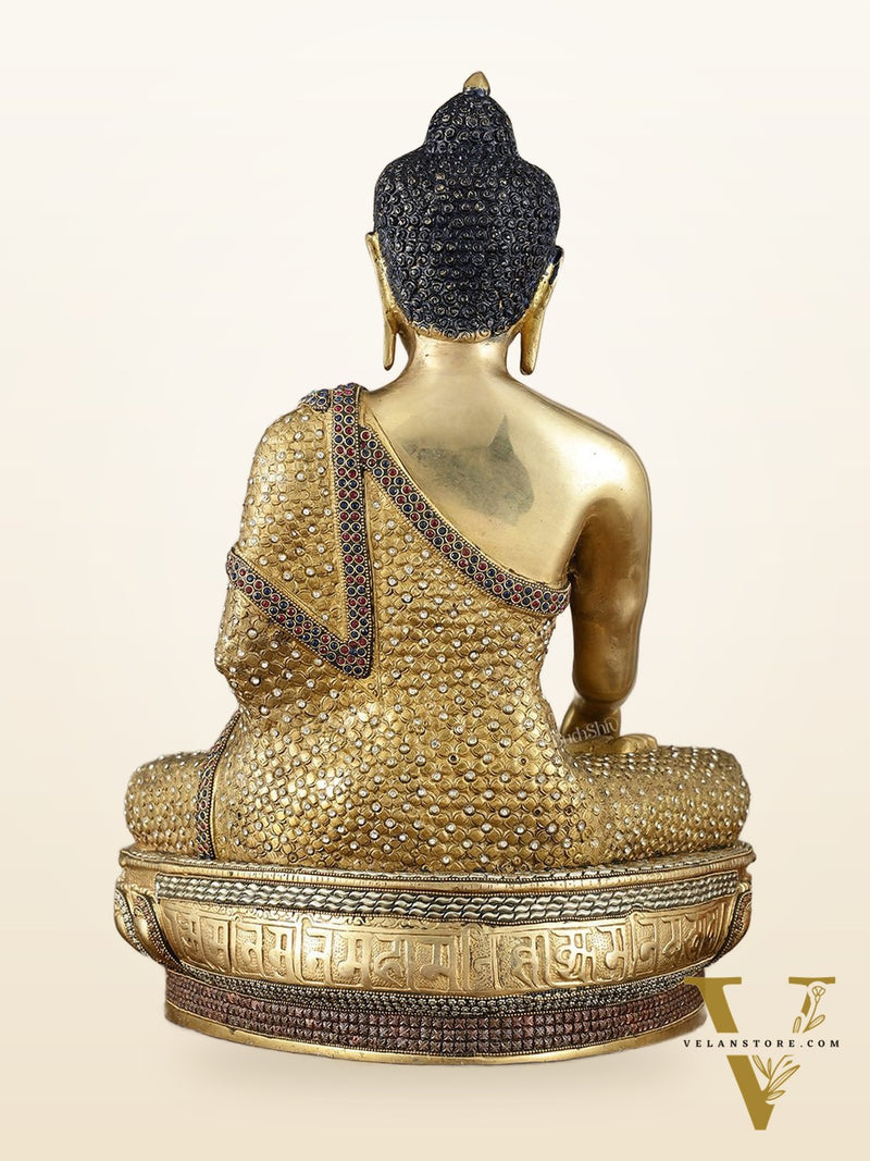 Brass Buddha Statue Bhumisparsha Mudra | 22" Tall | Nepalese inlay