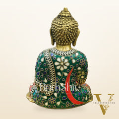 Brass Buddha Statue in Bhoomisparsha Mudra |  Natural Stones | 10"
