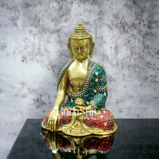Brass Buddha Statue in Bhoomisparsha Mudra |  Natural Stones | 10"
