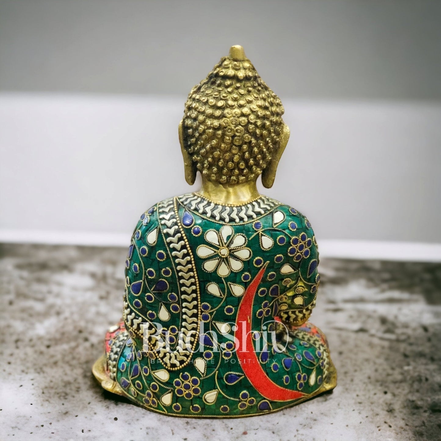 Brass Buddha Statue in Bhoomisparsha Mudra |  Natural Stones | 10"
