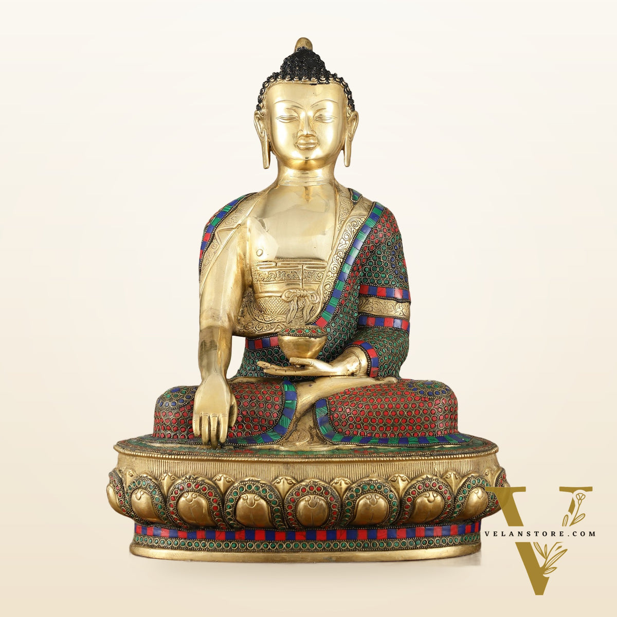 Brass Buddha Statue in Bhoomisparsha Mudra with Medicine Bowl - 21.5 Inch