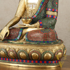 Brass Buddha Statue in Bhoomisparsha Mudra with Medicine Bowl - 21.5 Inch