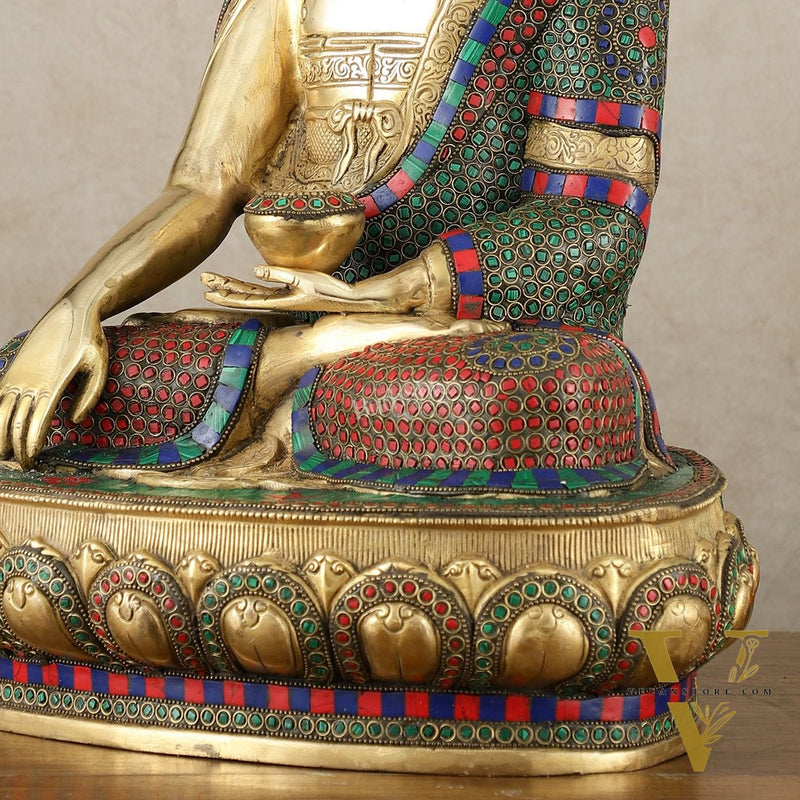 Brass Buddha Statue in Bhoomisparsha Mudra with Medicine Bowl - 21.5 Inch