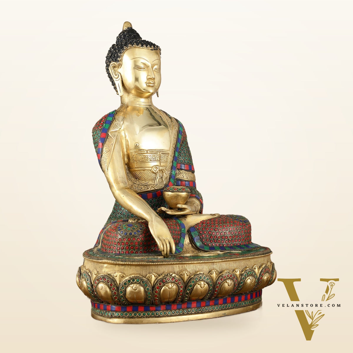 Brass Buddha Statue in Bhoomisparsha Mudra with Medicine Bowl - 21.5 Inch