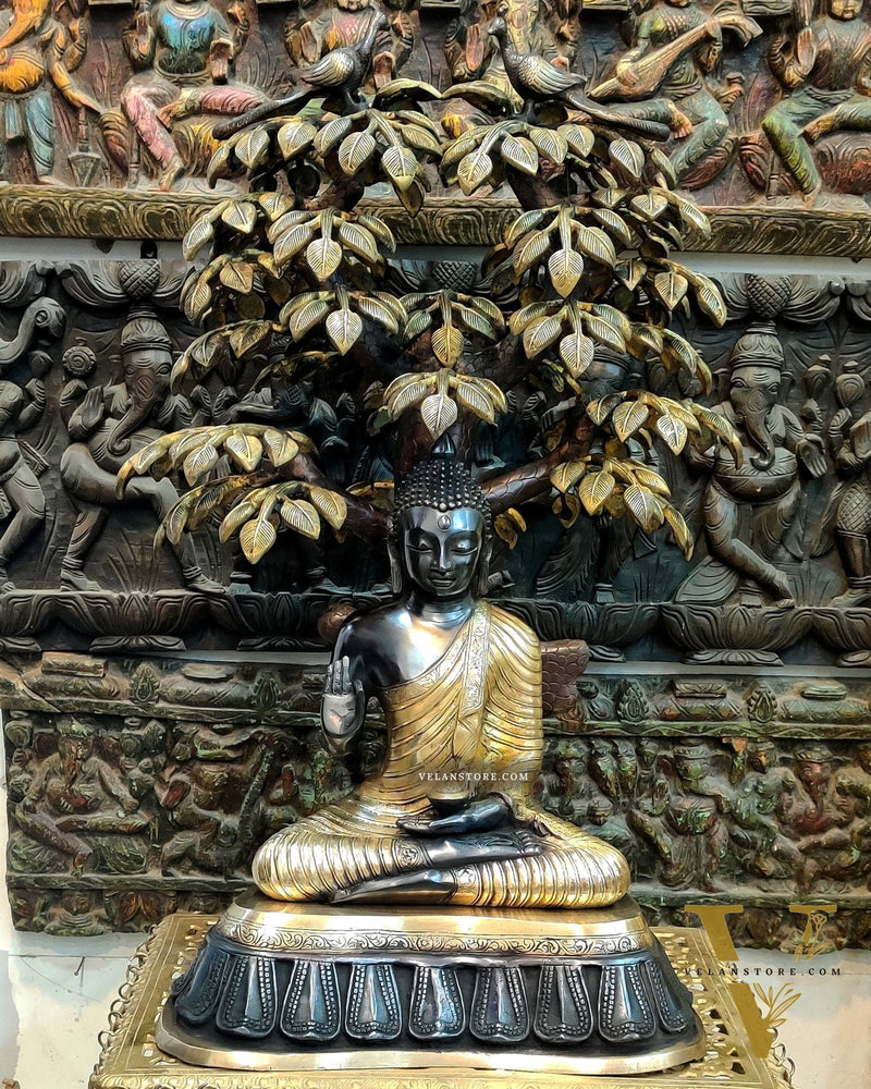 Brass Buddha Statue Under Tree - 32 inch