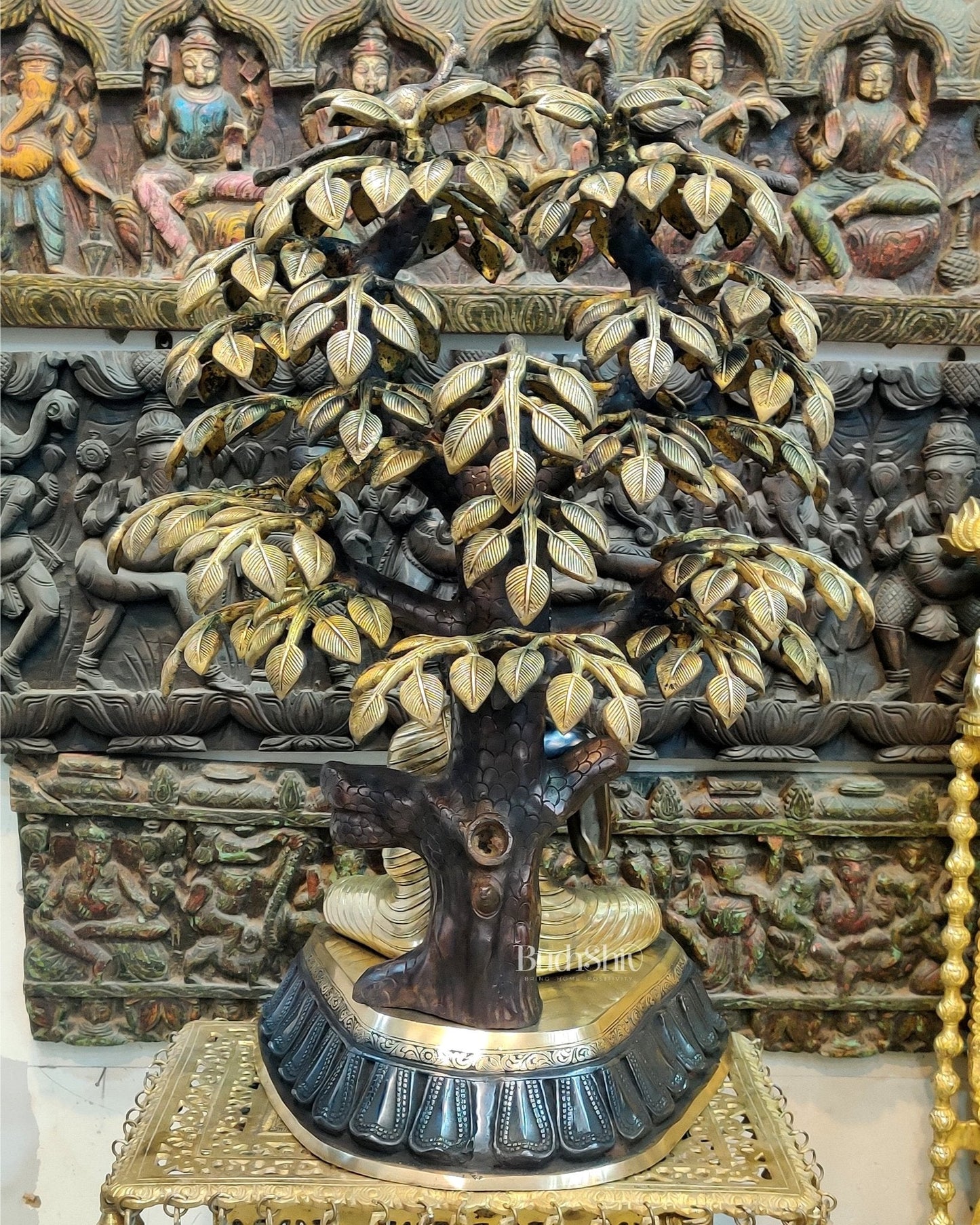 Brass Buddha Statue Under Tree - 32 inch