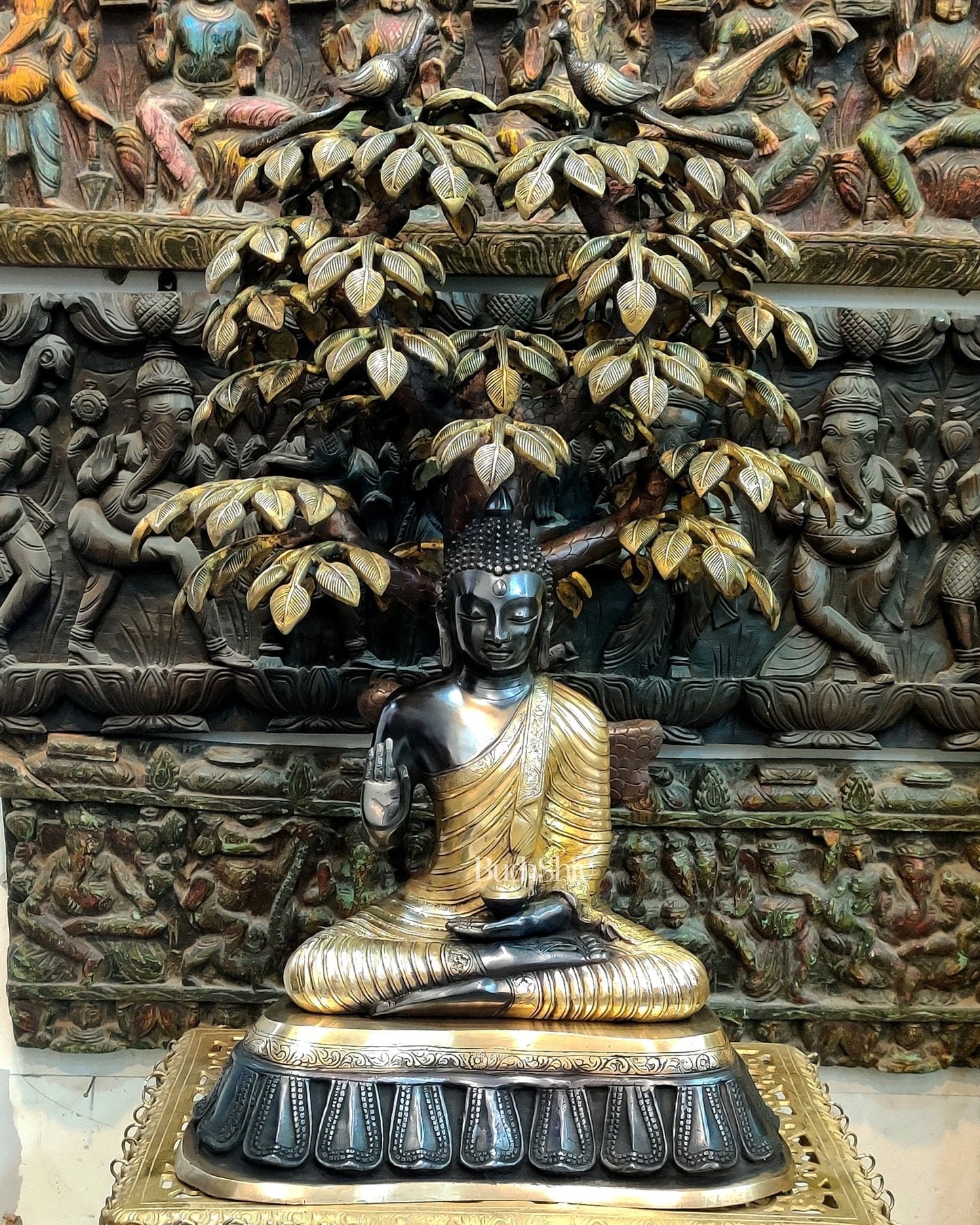 Brass Buddha Statue Under Tree - 32 inch