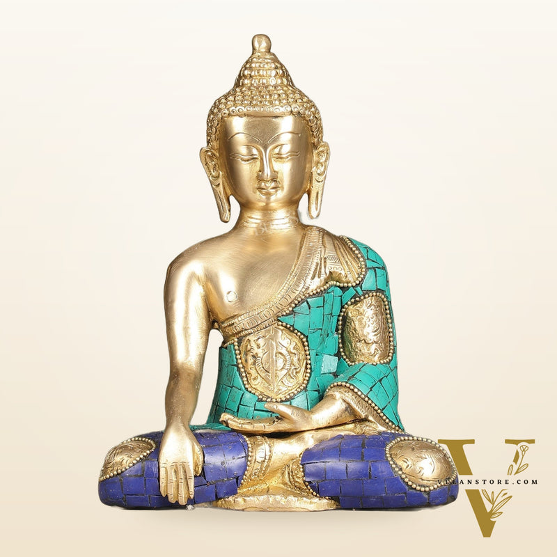 Brass Buddha Statue with Exquisite Stonework 8"