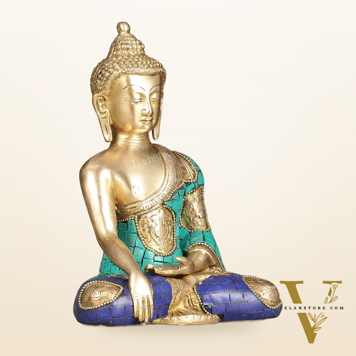 Brass Buddha Statue with Exquisite Stonework 8"