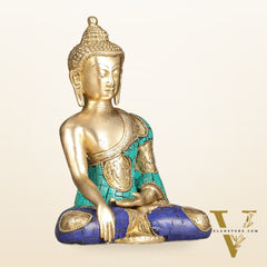 Brass Buddha Statue with Exquisite Stonework 8"