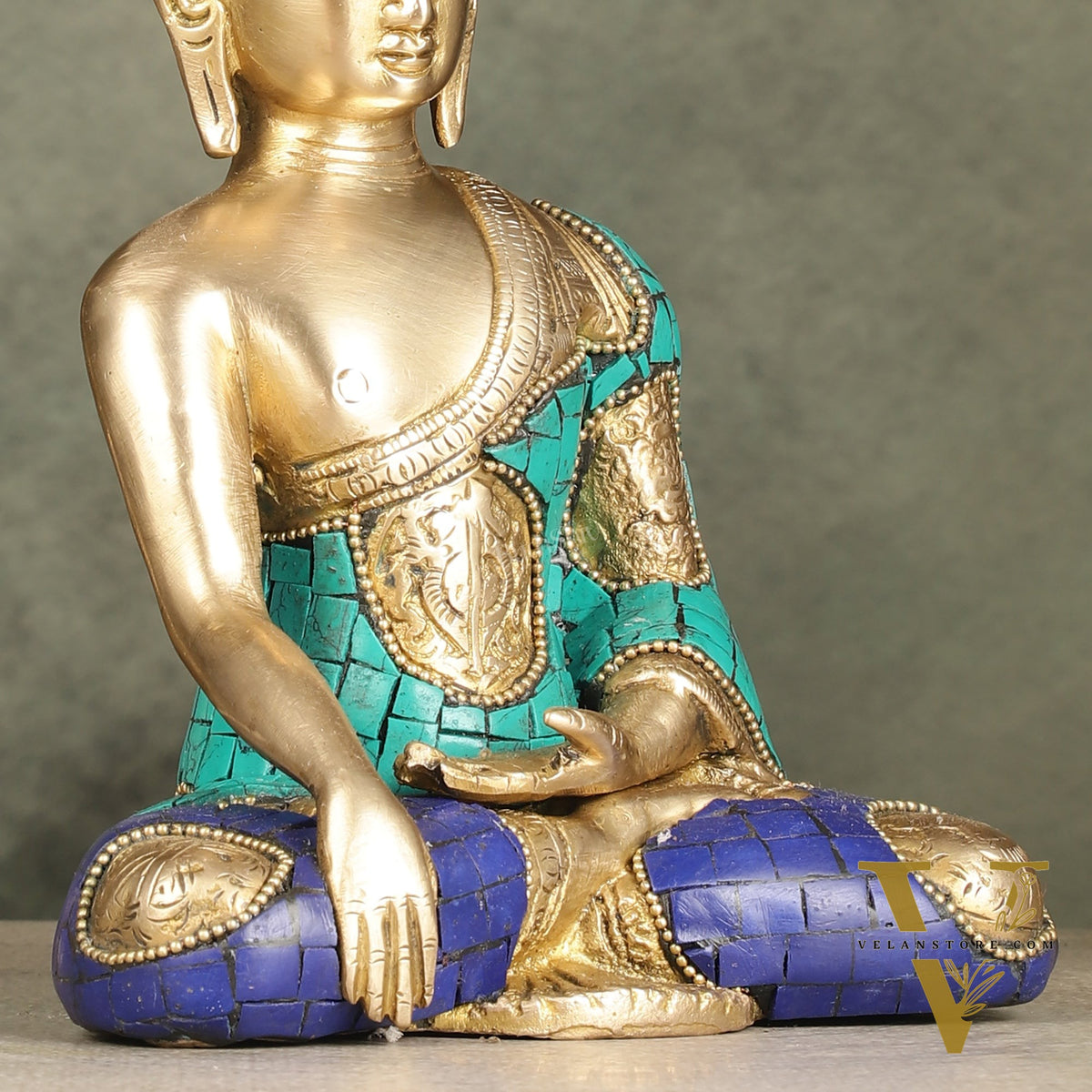 Brass Buddha Statue with Exquisite Stonework 8"