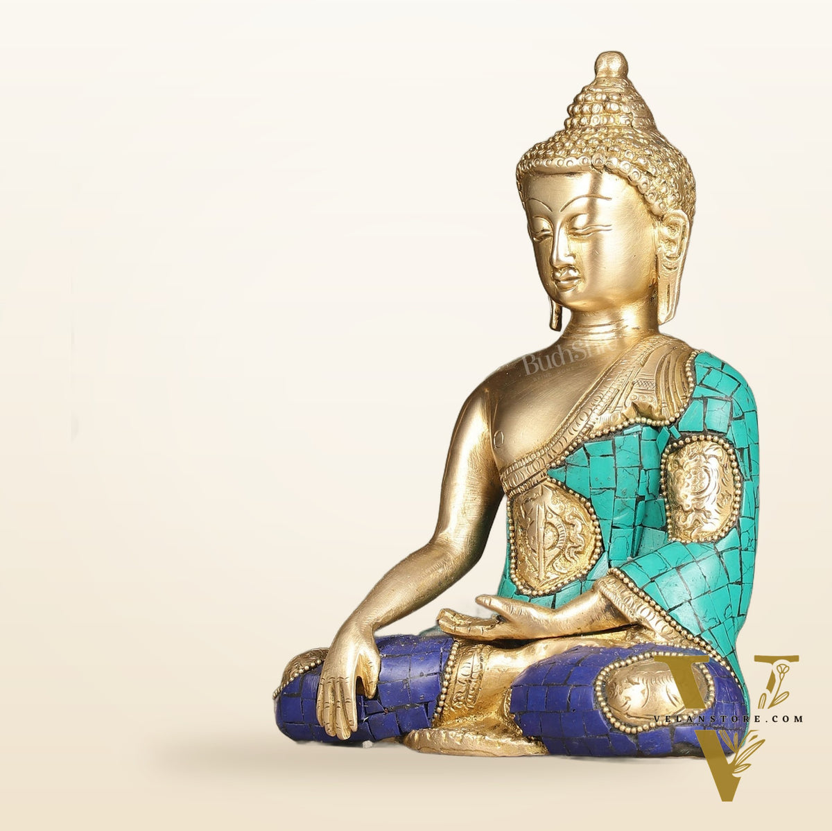 Brass Buddha Statue with Exquisite Stonework 8"
