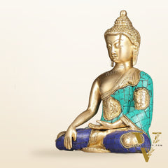 Brass Buddha Statue with Exquisite Stonework 8"