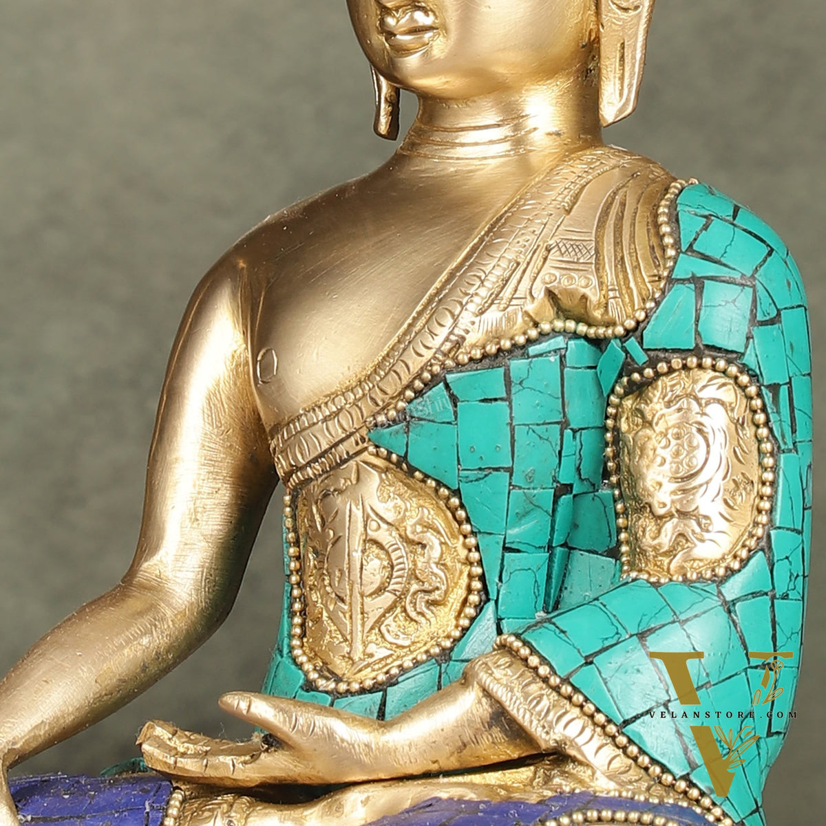 Brass Buddha Statue with Exquisite Stonework 8"