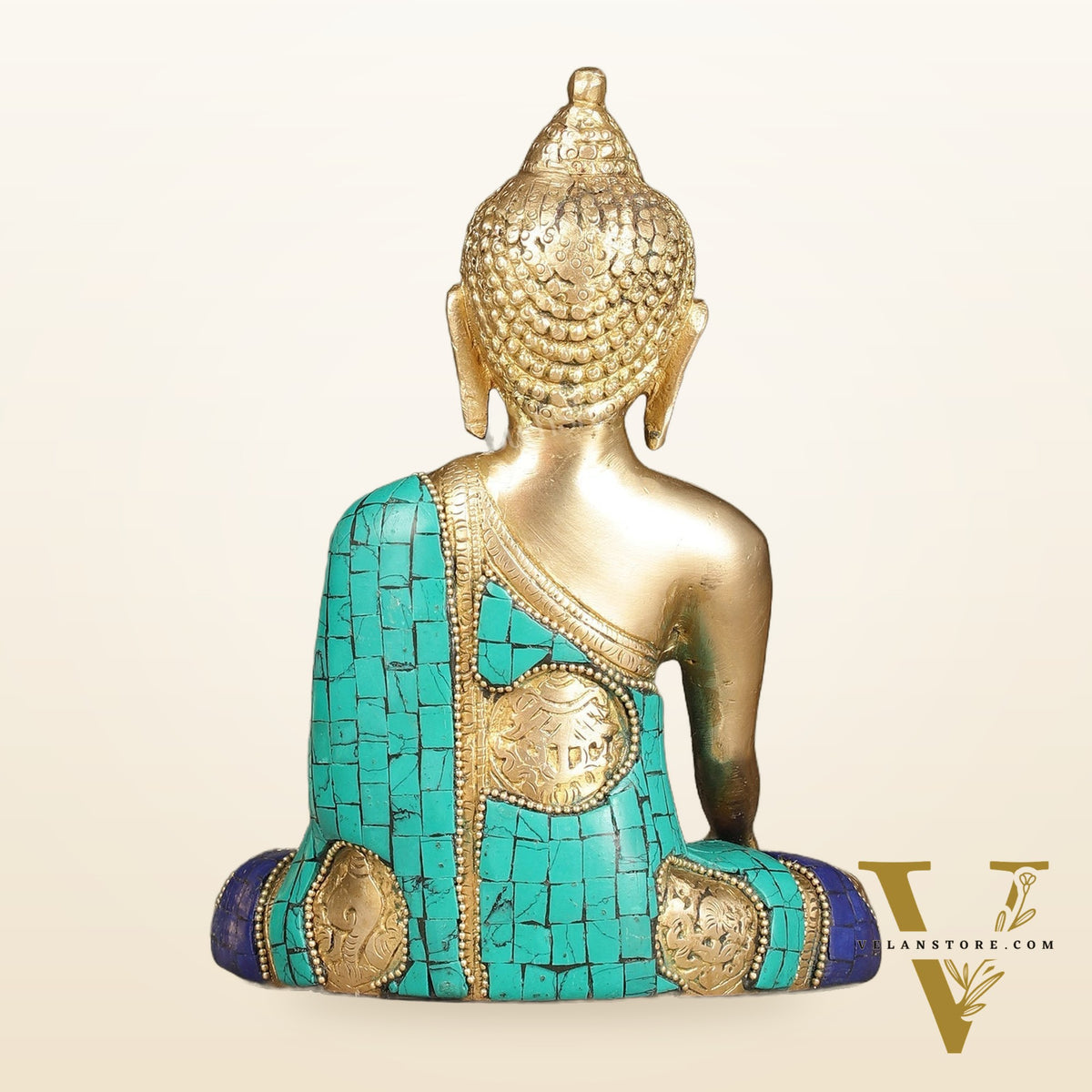 Brass Buddha Statue with Exquisite Stonework 8"