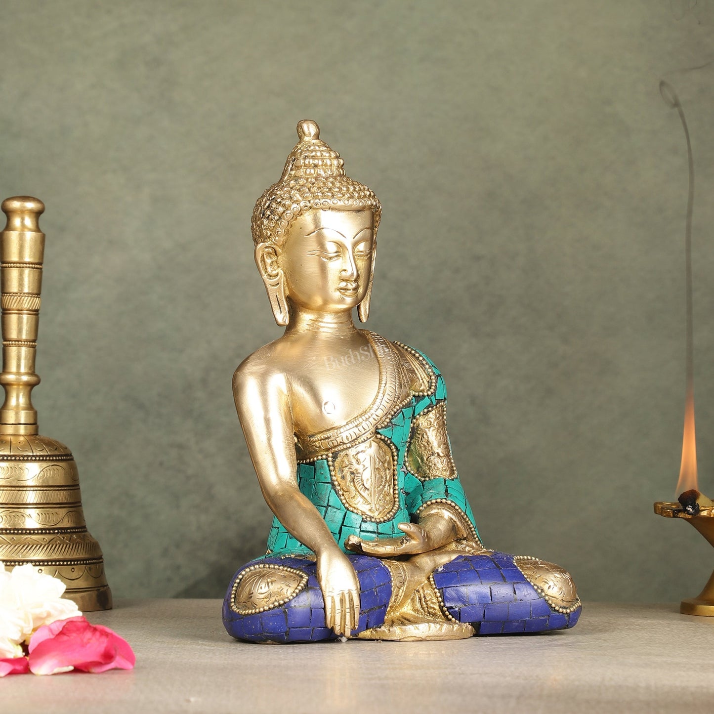 Brass Buddha Statue with Exquisite Stonework 8"