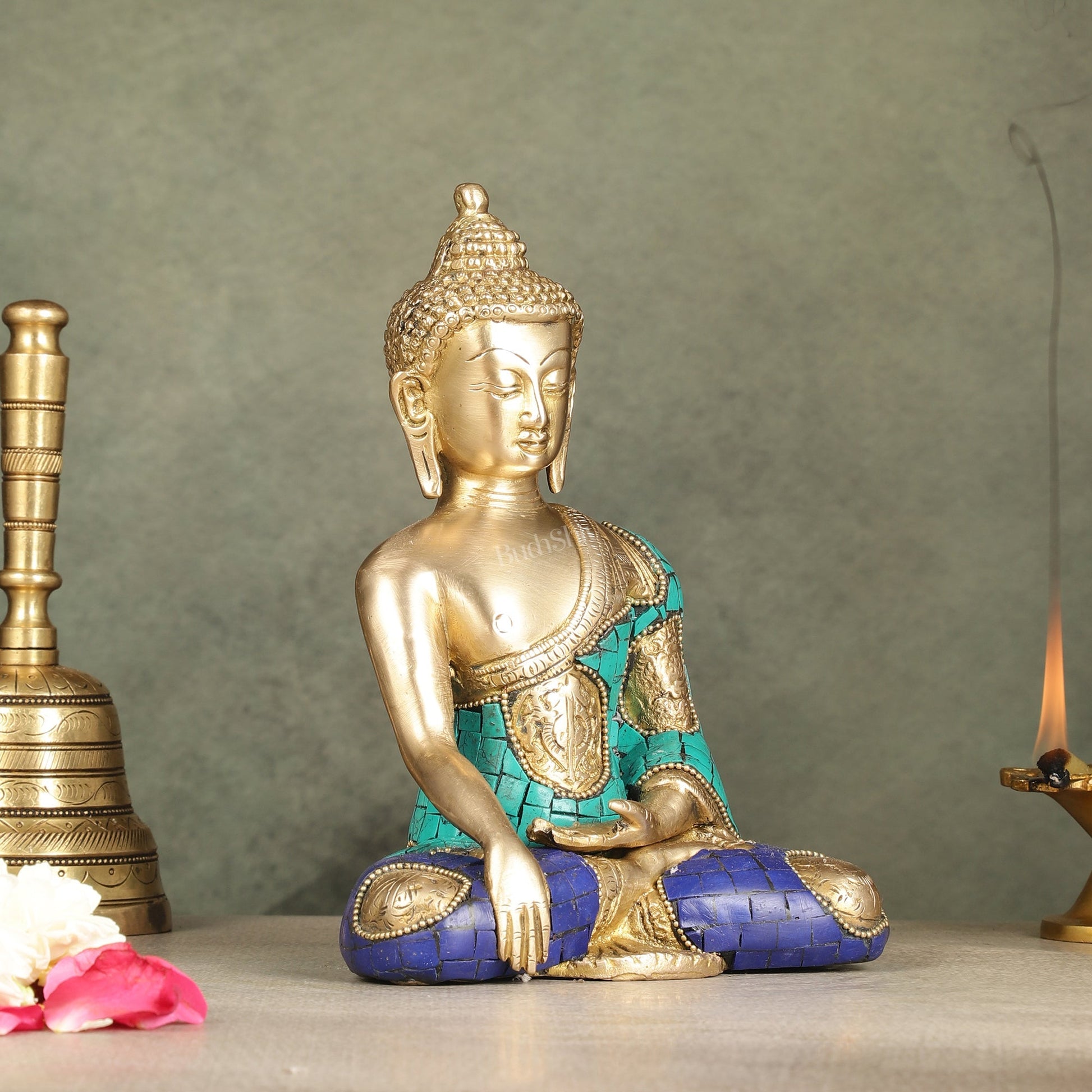 Brass Buddha Statue with Exquisite Stonework 8"