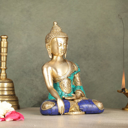 Brass Buddha Statue with Exquisite Stonework 8"