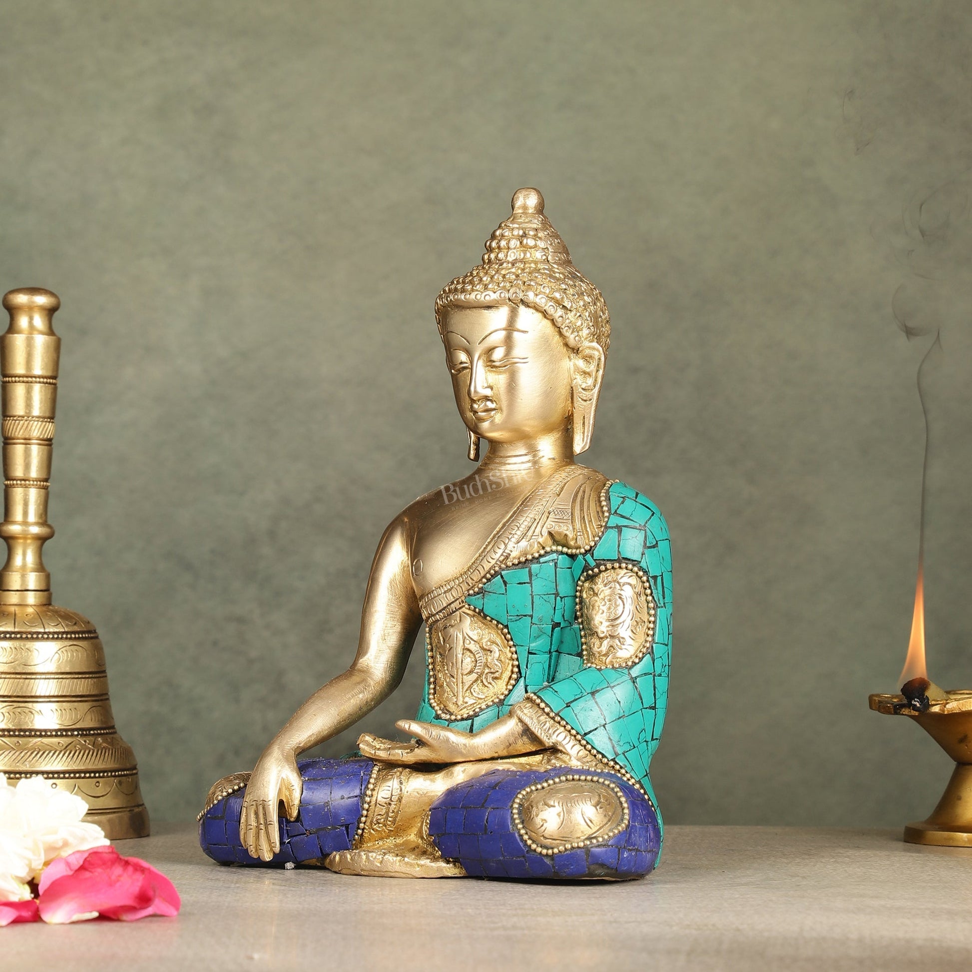 Brass Buddha Statue with Exquisite Stonework 8"