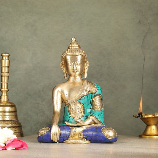 Brass Buddha Statue with Exquisite Stonework 8"
