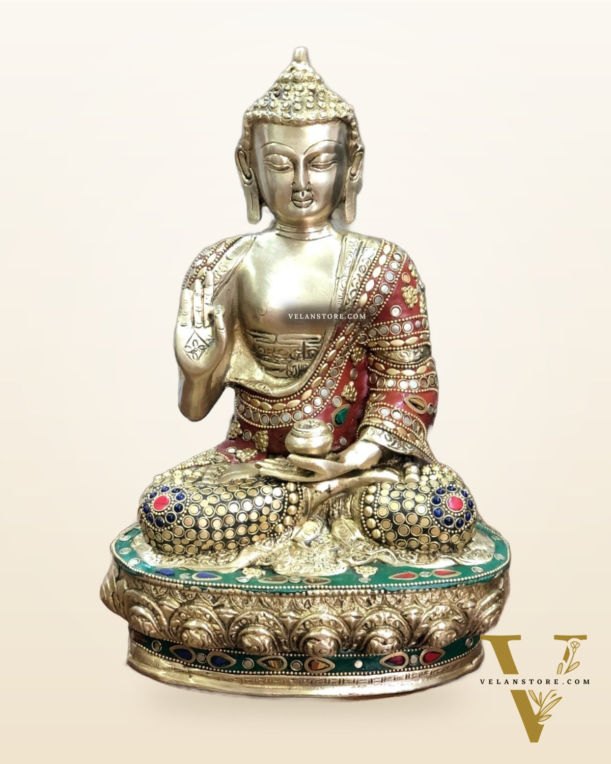 Brass Buddha Statue with Stonework | 12 inch