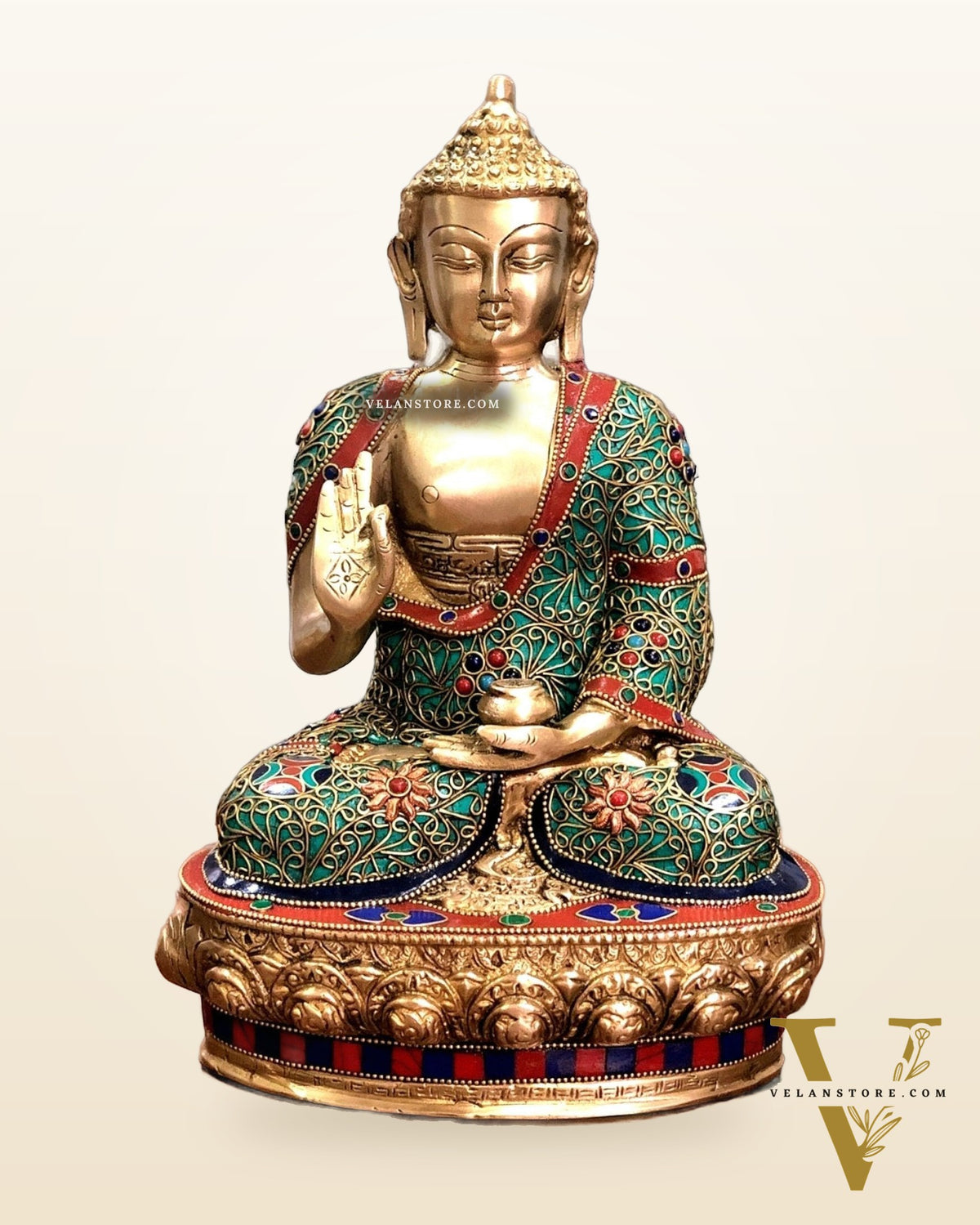 Brass Buddha Statue with Stonework | 12 inch