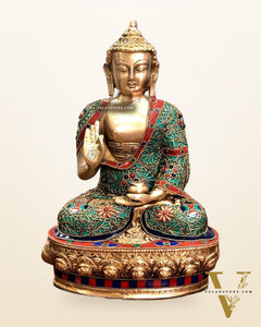 Brass Buddha Statue with Stonework | 12 inch