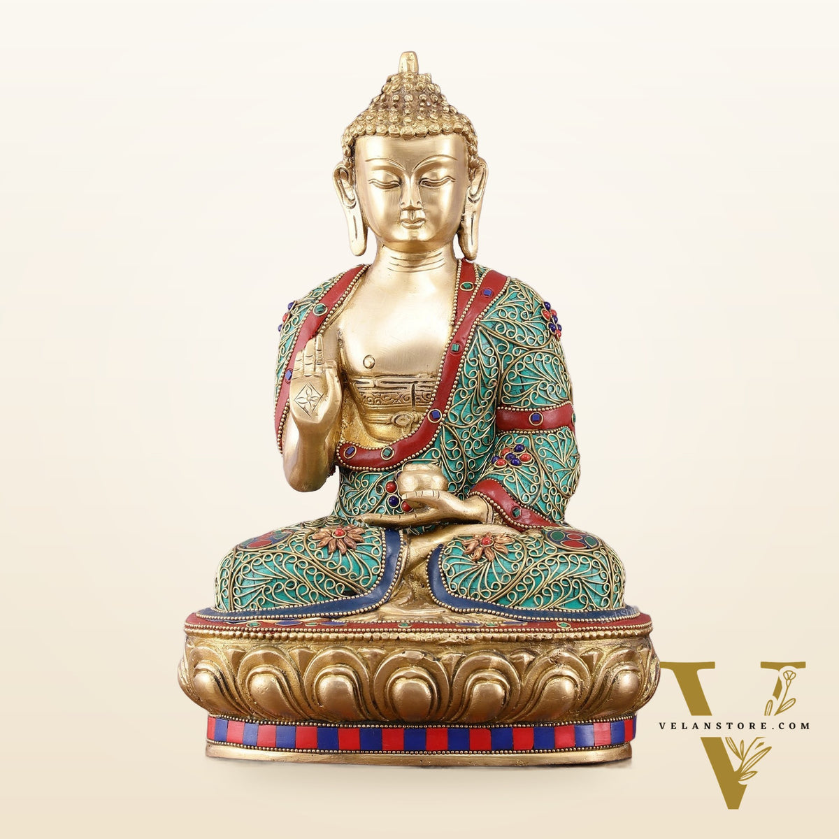 Brass Buddha Statue with Stonework - 12 inch