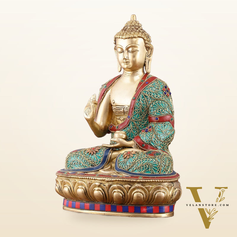 Brass Buddha Statue with Stonework - 12 inch