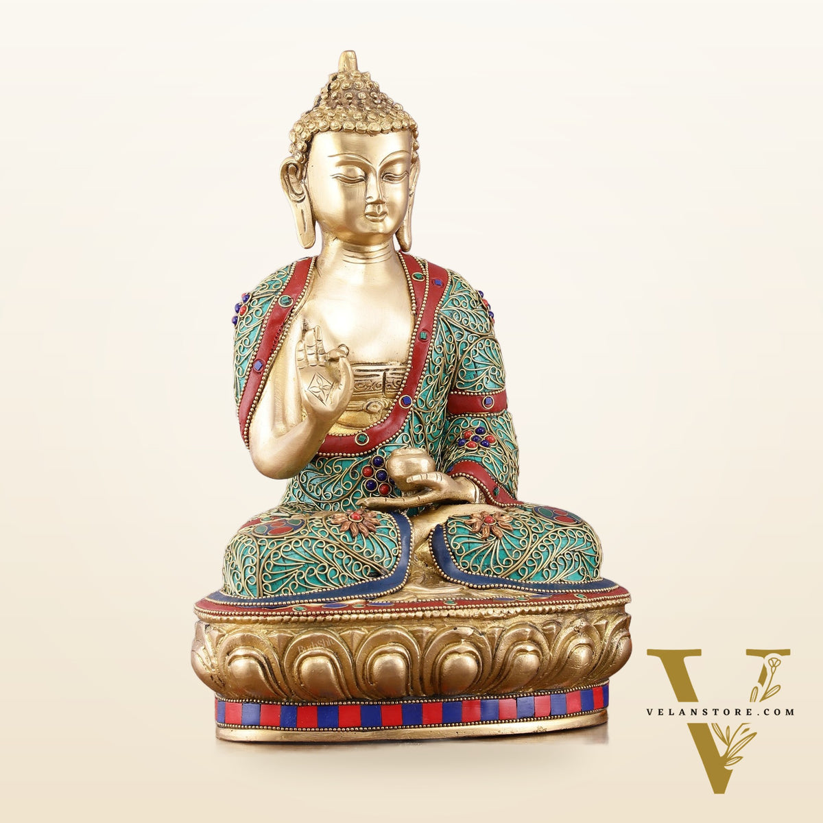 Brass Buddha Statue with Stonework - 12 inch