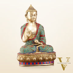 Brass Buddha Statue with Stonework - 12 inch
