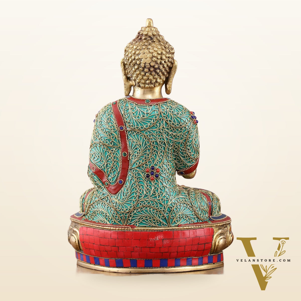 Brass Buddha Statue with Stonework - 12 inch