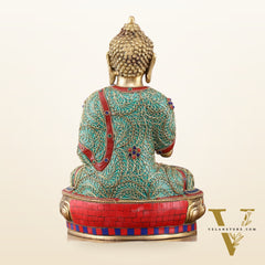 Brass Buddha Statue with Stonework - 12 inch