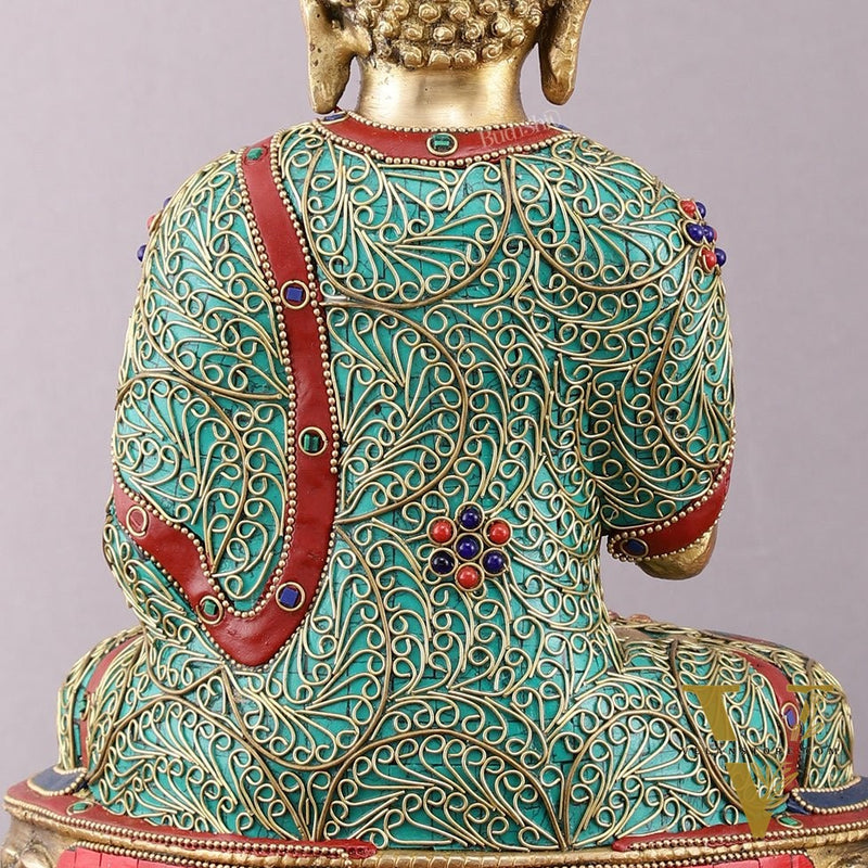 Brass Buddha Statue with Stonework - 12 inch