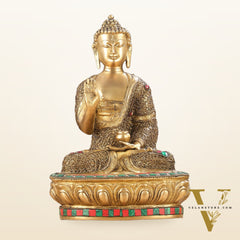 Brass Buddha Statue with Stonework | 12 inch