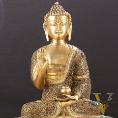 Brass Buddha Statue with Stonework | 12 inch