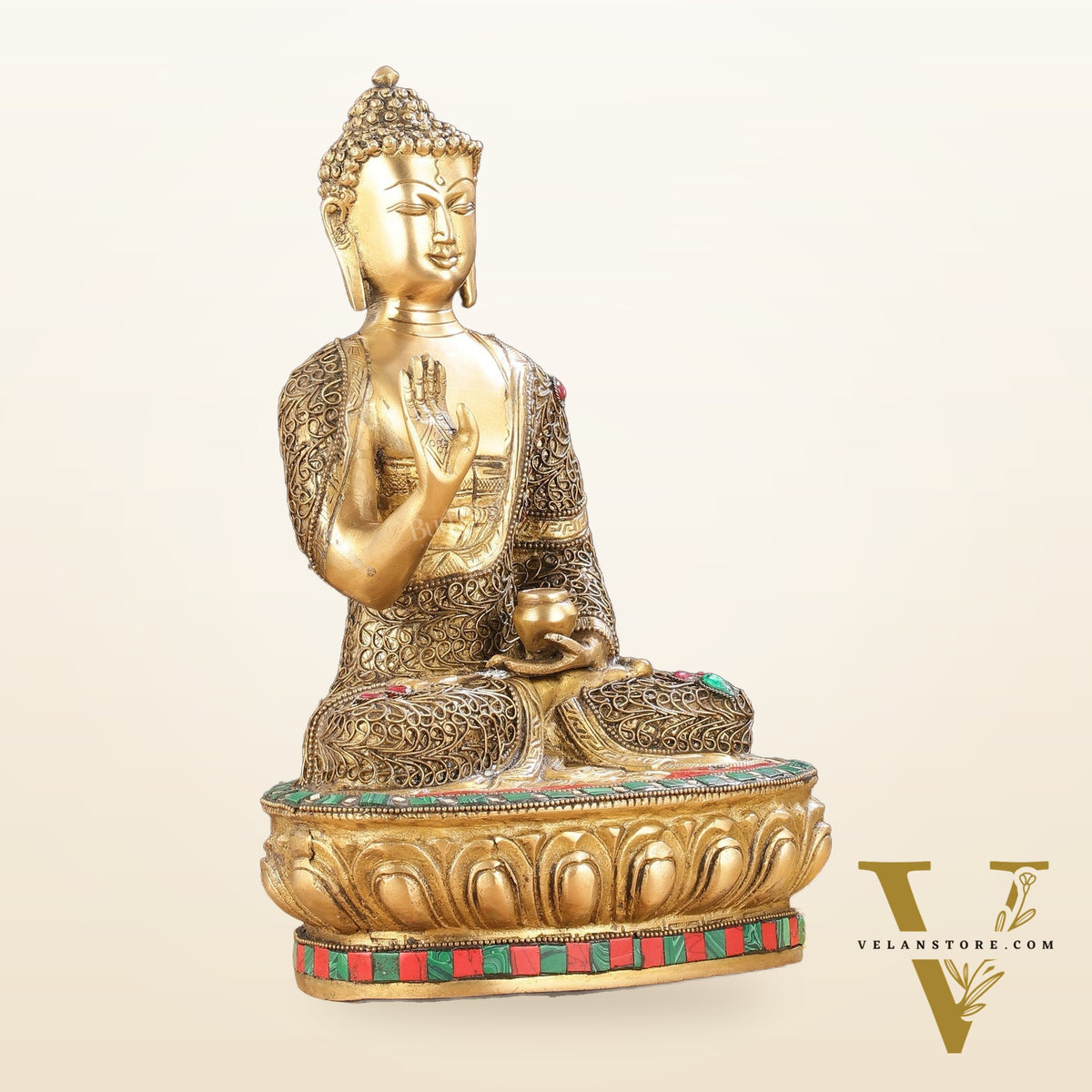 Brass Buddha Statue with Stonework | 12 inch