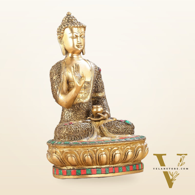 Brass Buddha Statue with Stonework | 12 inch
