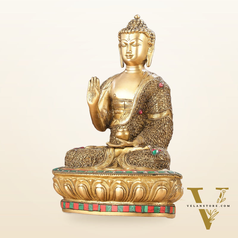 Brass Buddha Statue with Stonework | 12 inch