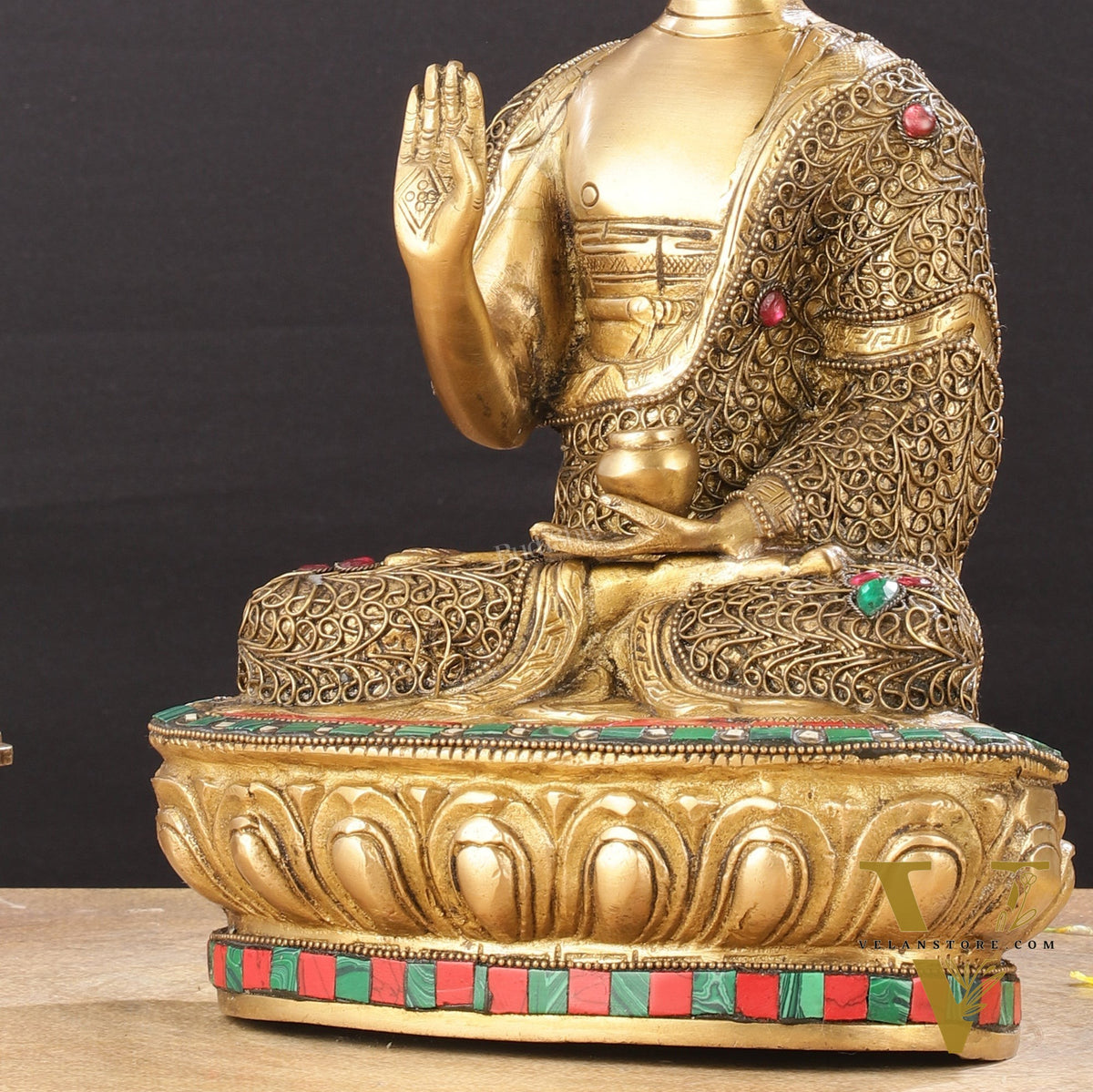 Brass Buddha Statue with Stonework | 12 inch