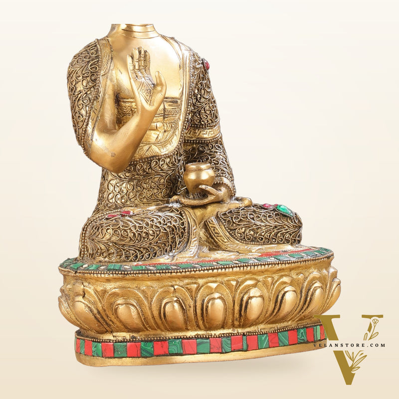 Brass Buddha Statue with Stonework | 12 inch