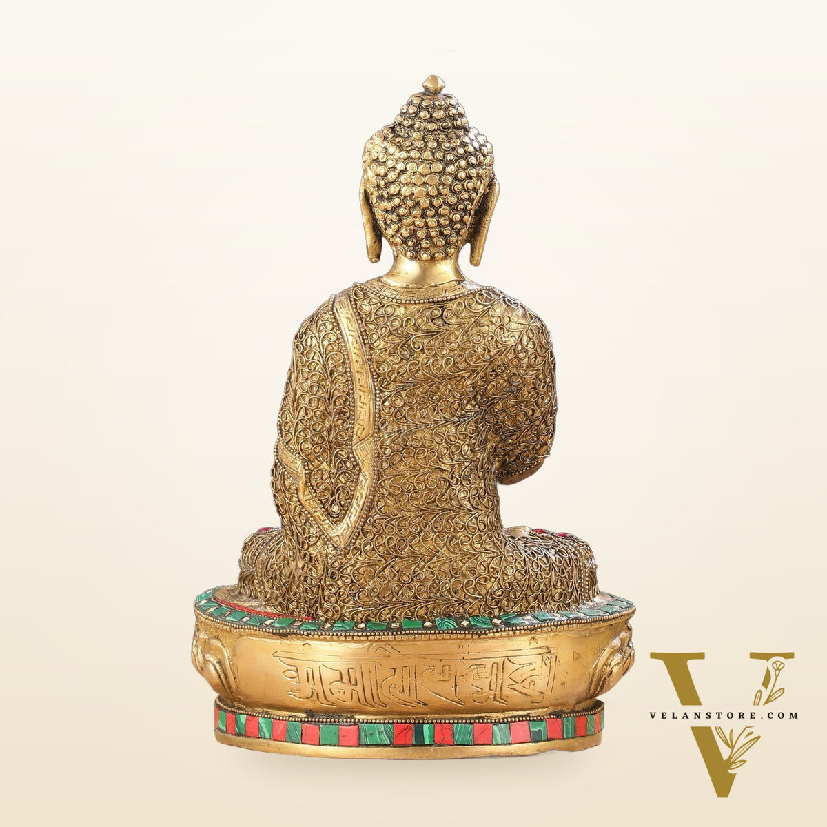 Brass Buddha Statue with Stonework | 12 inch