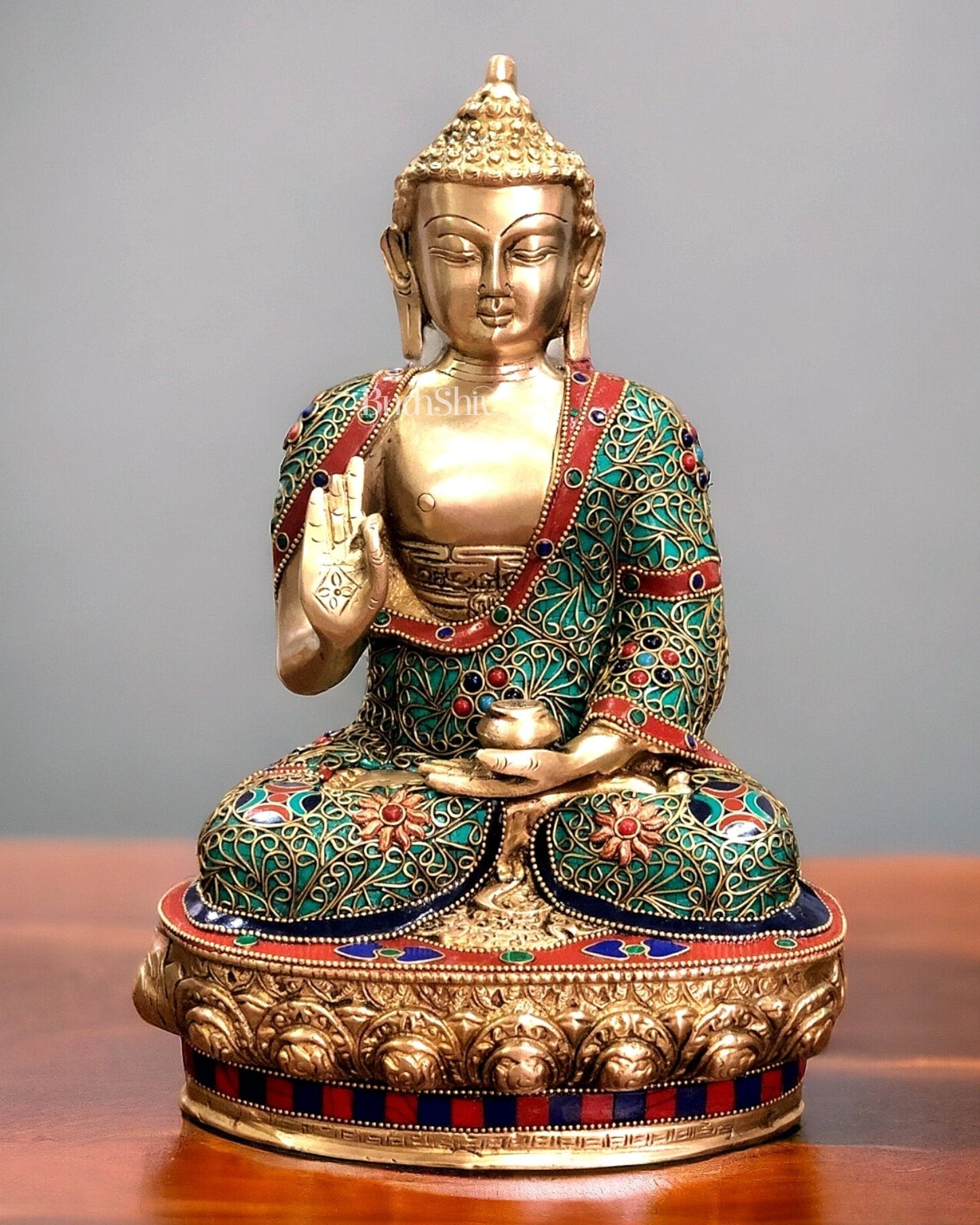 Brass Buddha Statue with Stonework | 12 inch